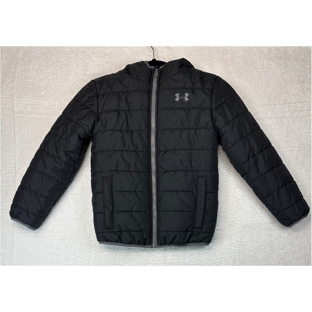 Under Armour Puffer Jacket Boys 7 Black ColdGear Hooded Full Zip 1443